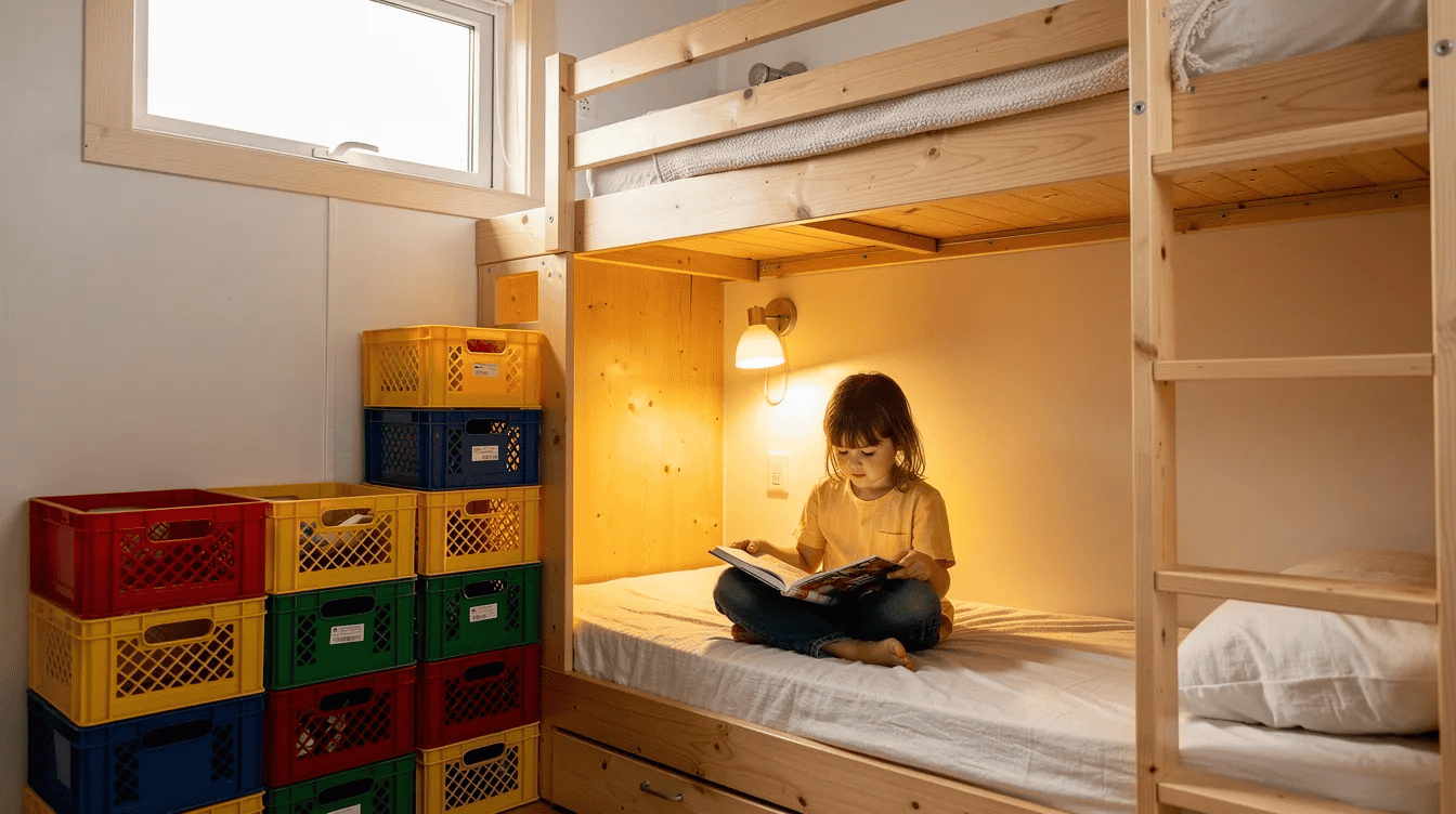 Cozy tiny house bedroom with bunk bed Child reading on a bunk bed in a tiny house bedroom with colorful storage crates