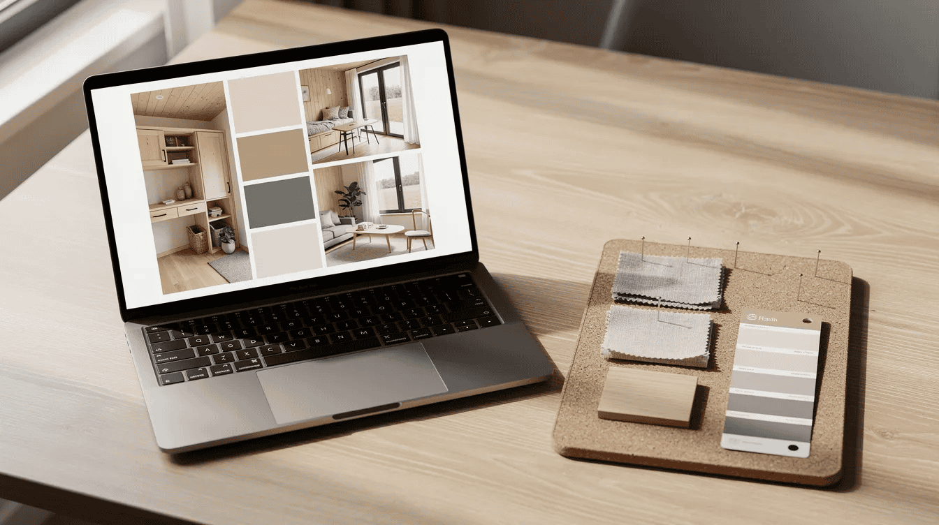 Tiny house interior design ideas Laptop displaying tiny house interior design options with fabric samples on a cork board