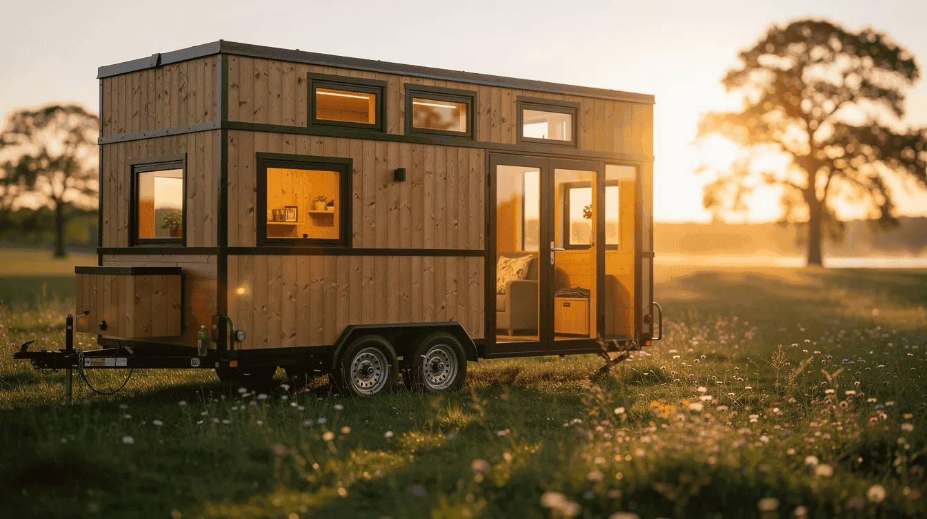 Explore tiny house on wheels at sunset Tiny house on wheels in a field during sunset with warm lighting