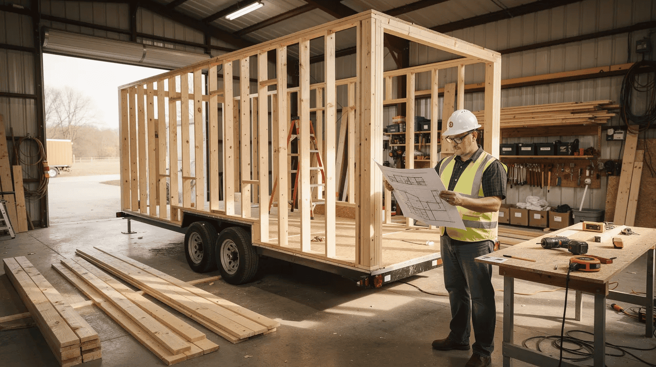 Tiny house construction in workshop Construction worker inspecting tiny house frame with blueprint in workshop