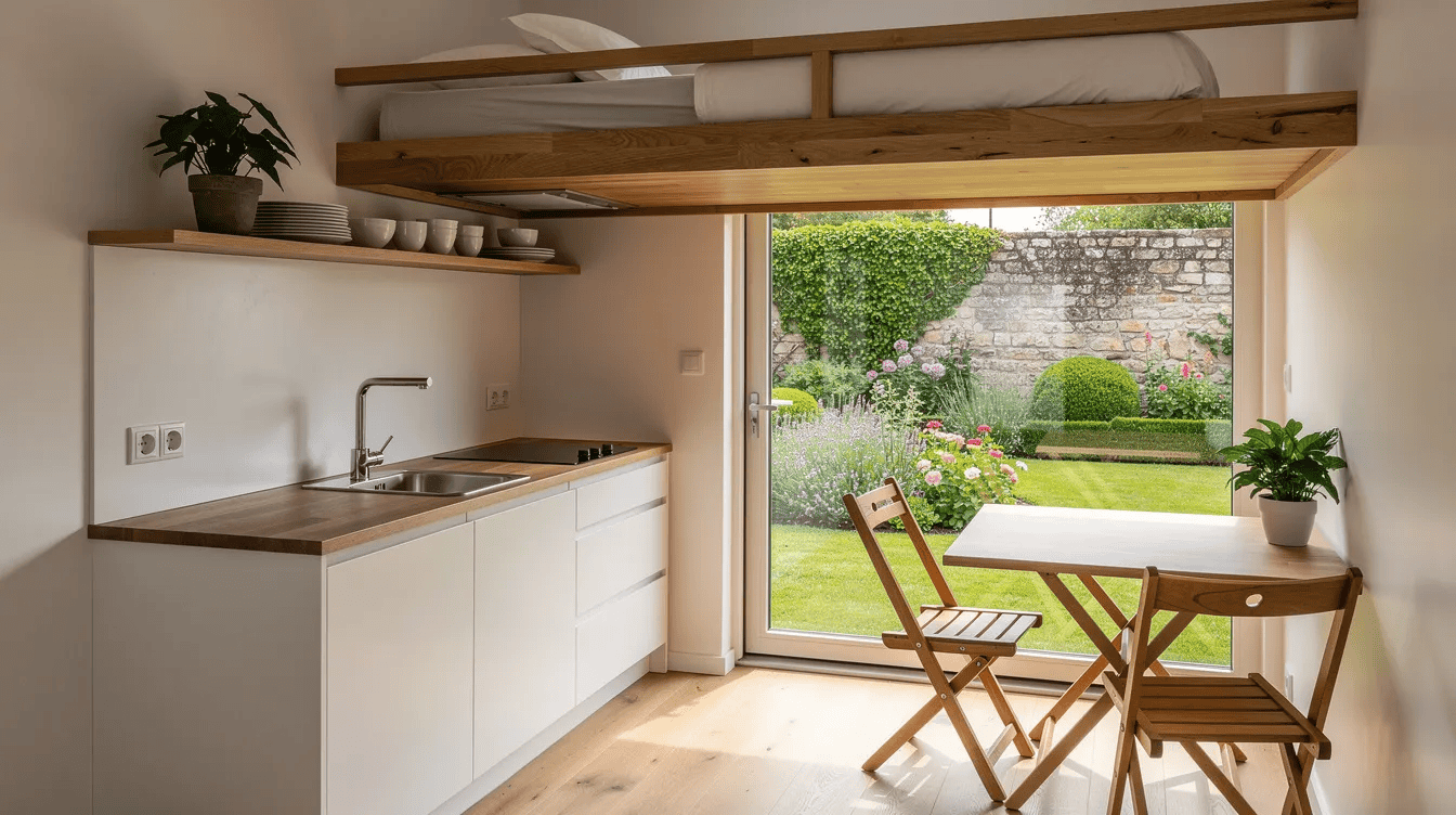 Cozy tiny house interior with garden view Bright tiny house interior with kitchenette and garden view through large window