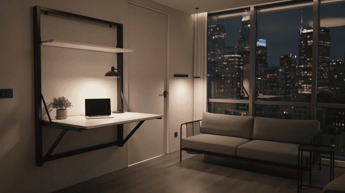 Modern tiny house interior at night Cozy tiny house living room with city view and minimalist decor