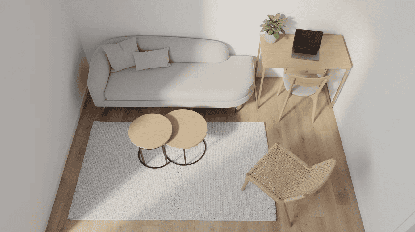 Cozy tiny house living room interior Minimalist tiny house living room with sofa desk and chair