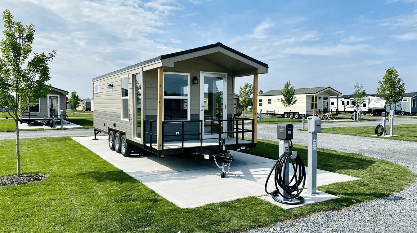 Explore tiny house on wheels for modern living Modern tiny house on wheels with outdoor electric hookup and scenic background