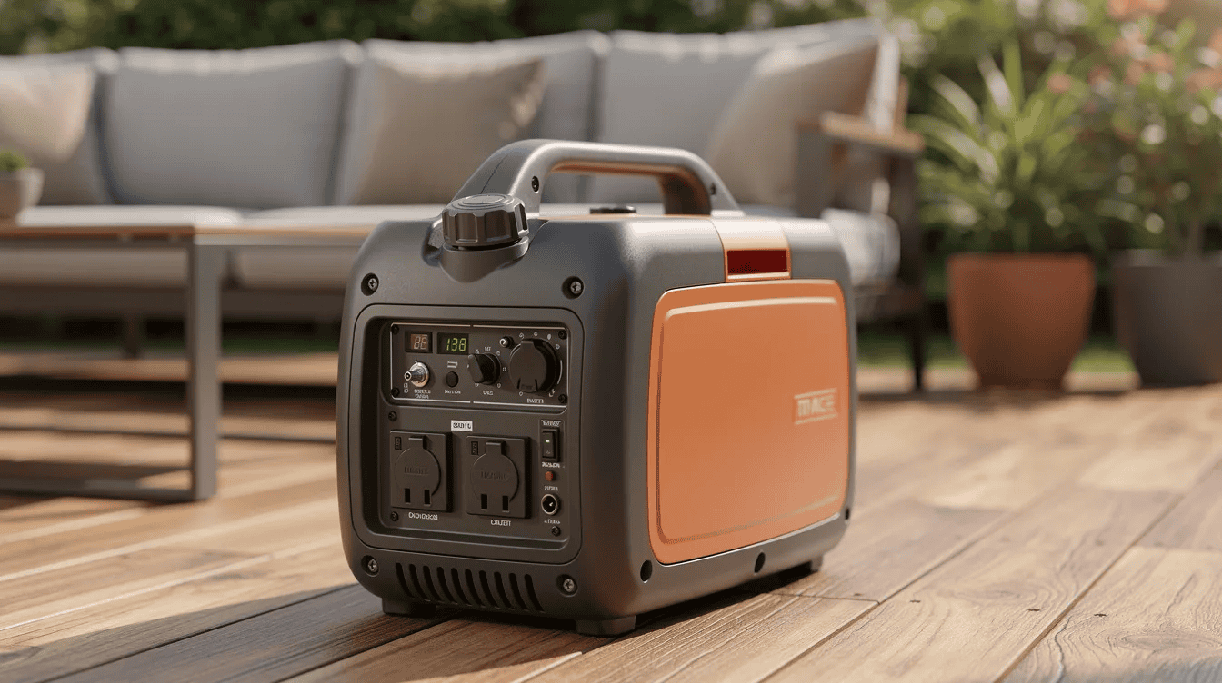 Portable power generator for tiny house A compact portable generator with a carrying handle is positioned on a wooden deck surrounded by outdoor furniture providing a reliable power source for essential appliances in a tiny house or while off grid This small generator is designed for energy efficiency and convenience making it an ideal backup power solution for outdoor activities