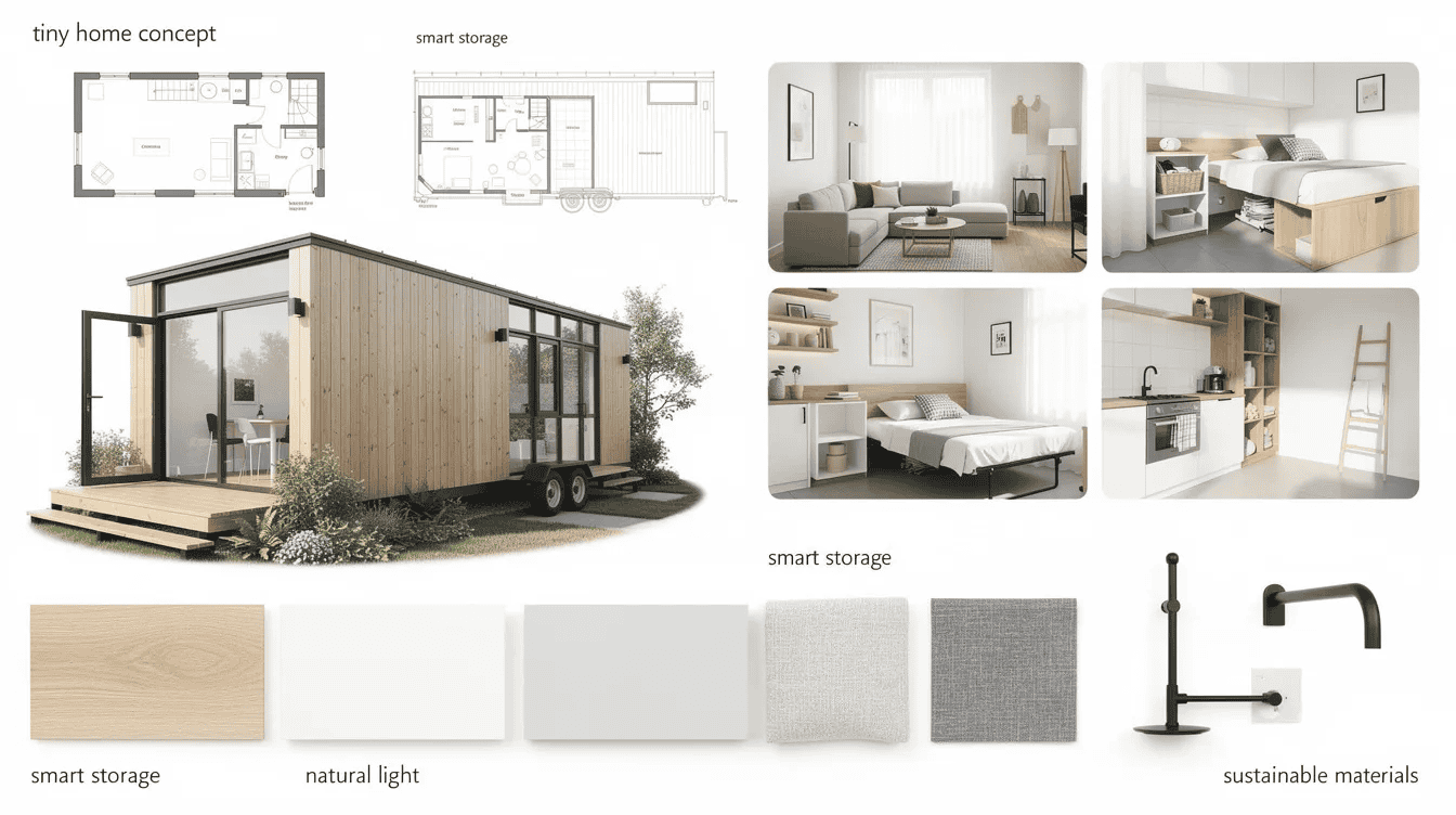 Explore tiny house interior and exterior design The image features an architecture mood board showcasing a tiny home design filled with various elements such as fabric swatches color palettes and design sketches This visual representation helps interior designers explore creativity and share ideas with clients elevating their projects and understanding of small space living