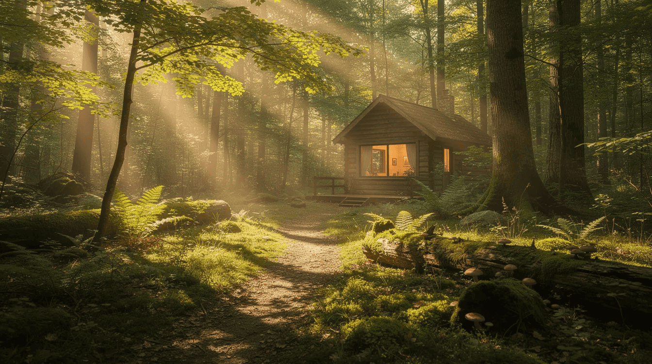 Cozy tiny house in forest setting A vibrant HDR photograph captures sunlight streaming through a dense forest canopy casting dappled light on a moss covered forest floor adorned with ferns and fallen logs A narrow path leads to a small wooden cabin where warm interior light glows invitingly through a large window creating a serene nature mood board atmosphere