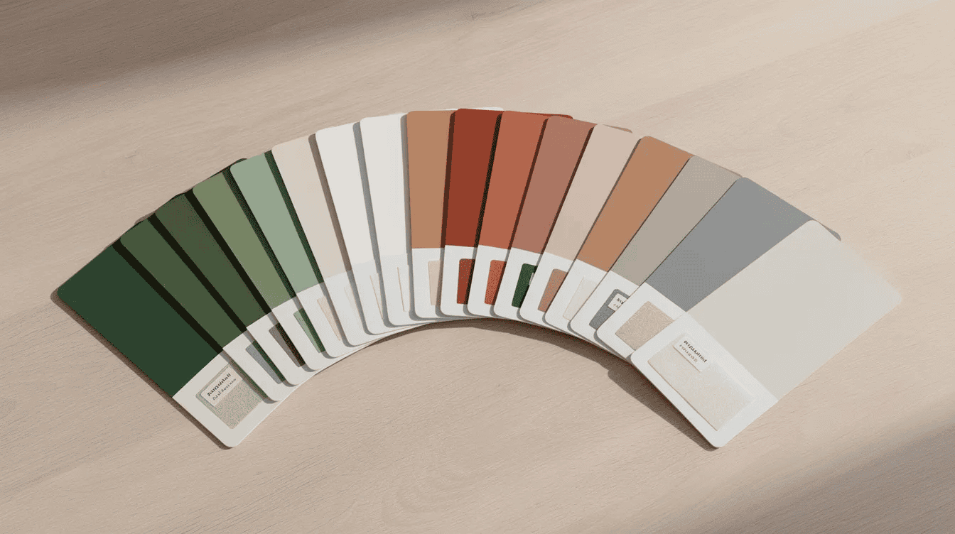 Tiny house exterior color samples An array of paint sample cards is fanned out on a light wooden table showcasing a color palette of earthy greens warm whites terracotta and soft grays This collection serves as a valuable tool for creating a mood board offering visual inspiration for interior design projects and helping to convey a cohesive creative vision