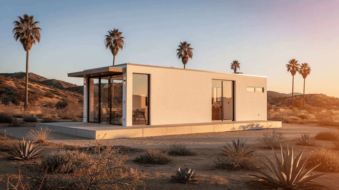 Modern tiny house in desert landscape Contemporary tiny house with large glass windows in desert setting at sunset