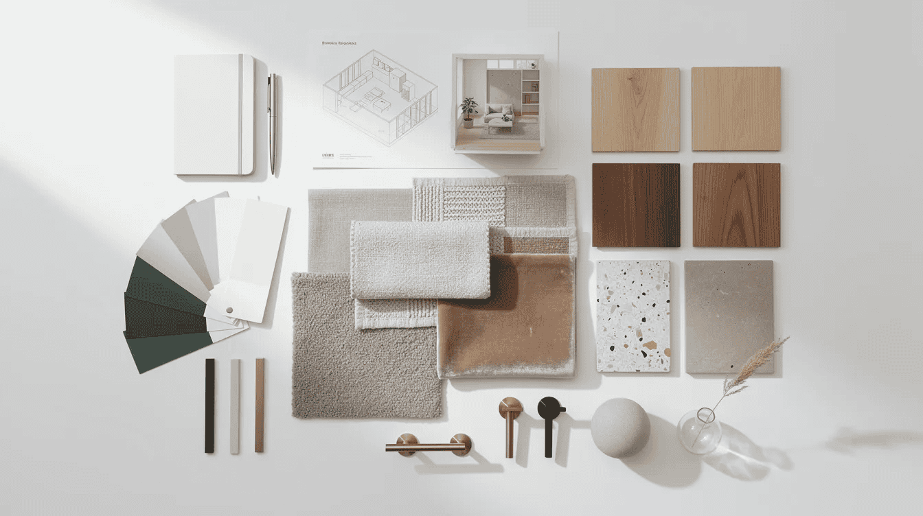 Tiny house interior design materials Interior design materials for tiny house with color swatches and textures