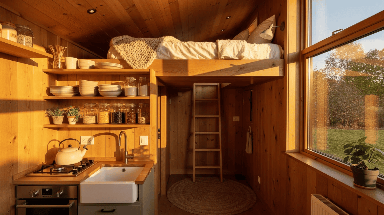 Cozy tiny house interior with loft bed The image depicts the interior of a cozy tiny house featuring warm wood paneling a sleeping loft above and a compact kitchen with open shelving all illuminated by golden hour sunlight streaming through a large window This inviting space embodies a creative vision for interior design offering visual inspiration for those exploring different aesthetic directions in their own projects