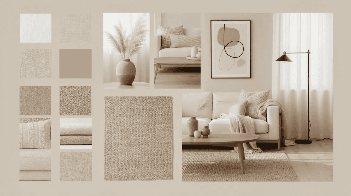 Modern living room interior design This image features a neutral living room mood board showcasing a cozy space with a stylish sofa a chic coffee table and a soft rug The arrangement includes various decor ideas and color swatches that suggest a harmonious blend of white and black tones perfect for anyone looking to enhance their interior design