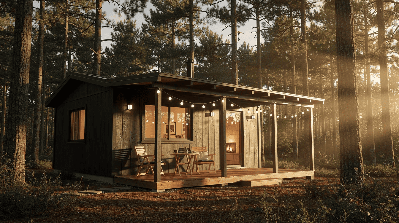 Modern tiny house in forest setting The image depicts a cozy off grid cabin with dark cedar siding illuminated by warm light from its windows during golden hour Surrounded by tall pine trees the cabin features a covered porch adorned with string lights creating a serene and inviting atmosphere