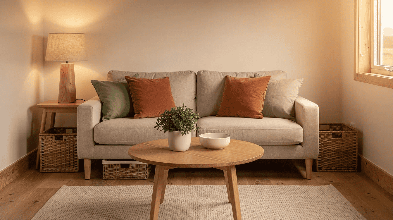 Cozy tiny house living room interior Comfortable living room with sofa cushions and wooden furniture in a tiny house