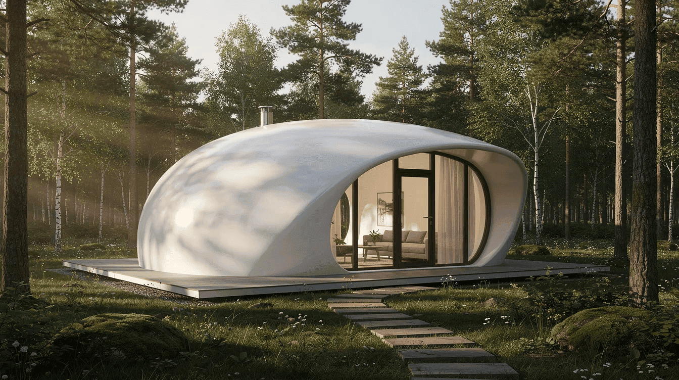 Explore tiny house modern cabin Futuristic tiny house with curved design in forest setting