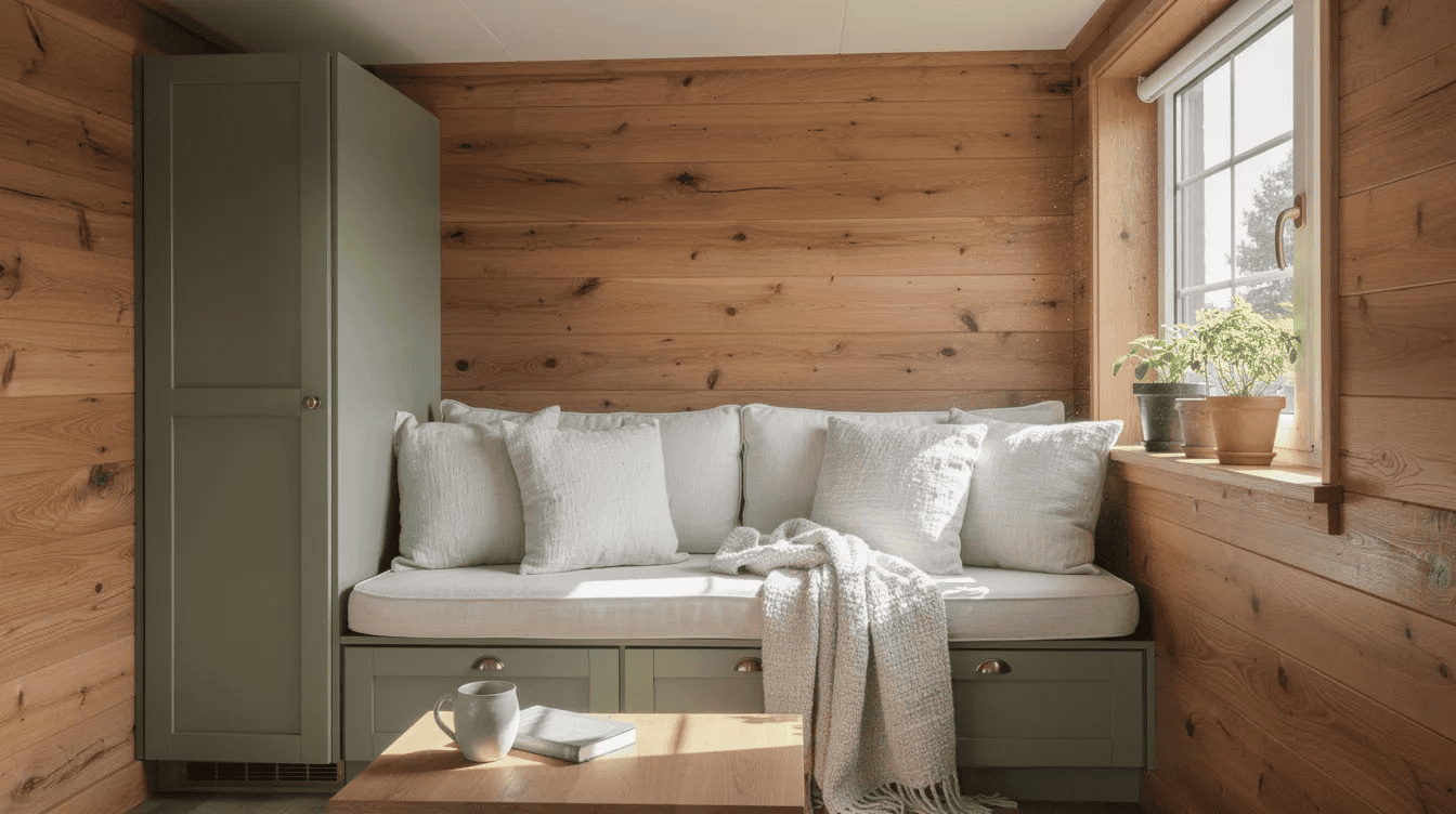 Cozy tiny house interior with wooden walls Interior of a tiny house with wooden walls a window and a cushioned bench with pillows
