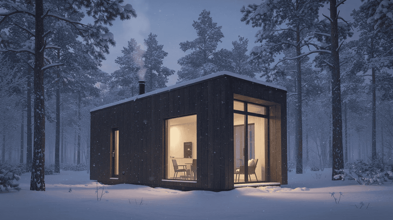 Modern tiny house in snowy forest Contemporary tiny house with large glass windows in snowy forest setting