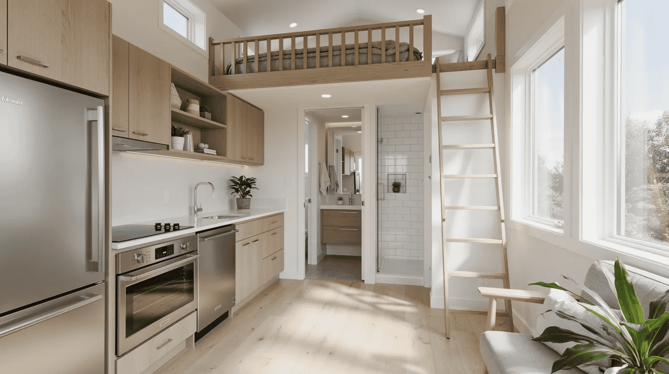 Modern tiny house interior with loft Bright tiny house interior with kitchen loft and large windows for natural light
