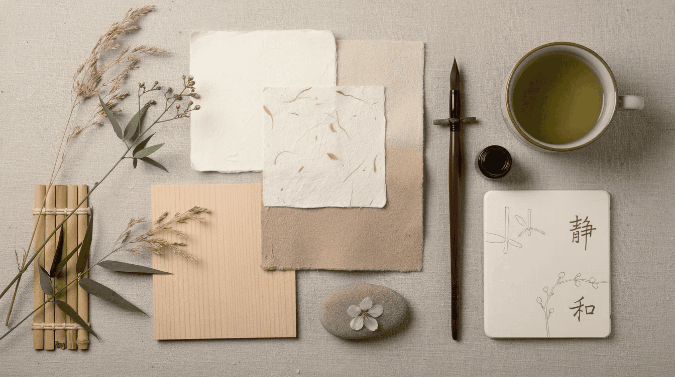Minimalist workspace with natural elements A top down view of a Japanese inspired natural mood board featuring vibrant textures and colors showcasing elements like jute open spaces and modern design ideas that evoke a sense of inspiration and connection to nature The arrangement highlights various materials and structures creating a clean and cohesive aesthetic