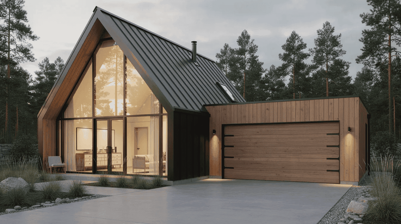 Modern tiny house with large glass windows Contemporary tiny house with a steep roof and large glass front set in a forested area