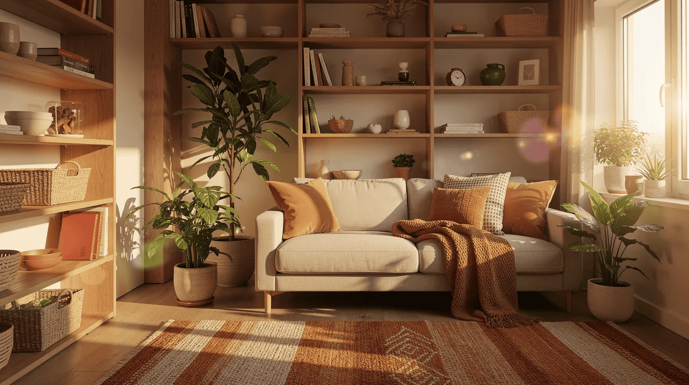Cozy living room in tiny house Bright cozy living room with sofa plants and sunlight in tiny house