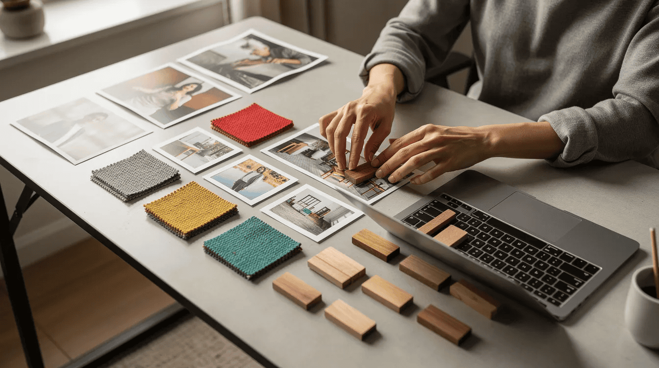 Tiny house interior design planning A person is sitting at a desk carefully arranging printed photos fabric samples and small wood pieces alongside an open laptop actively engaged in the creative process of creating a mood board This setup showcases various visual elements and design inspirations that will contribute to their design project