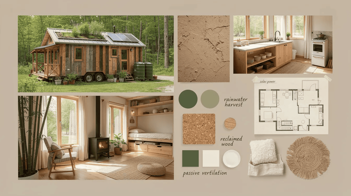 Explore tiny house interior and exterior design Tiny house with solar panels cozy interior and eco friendly decor