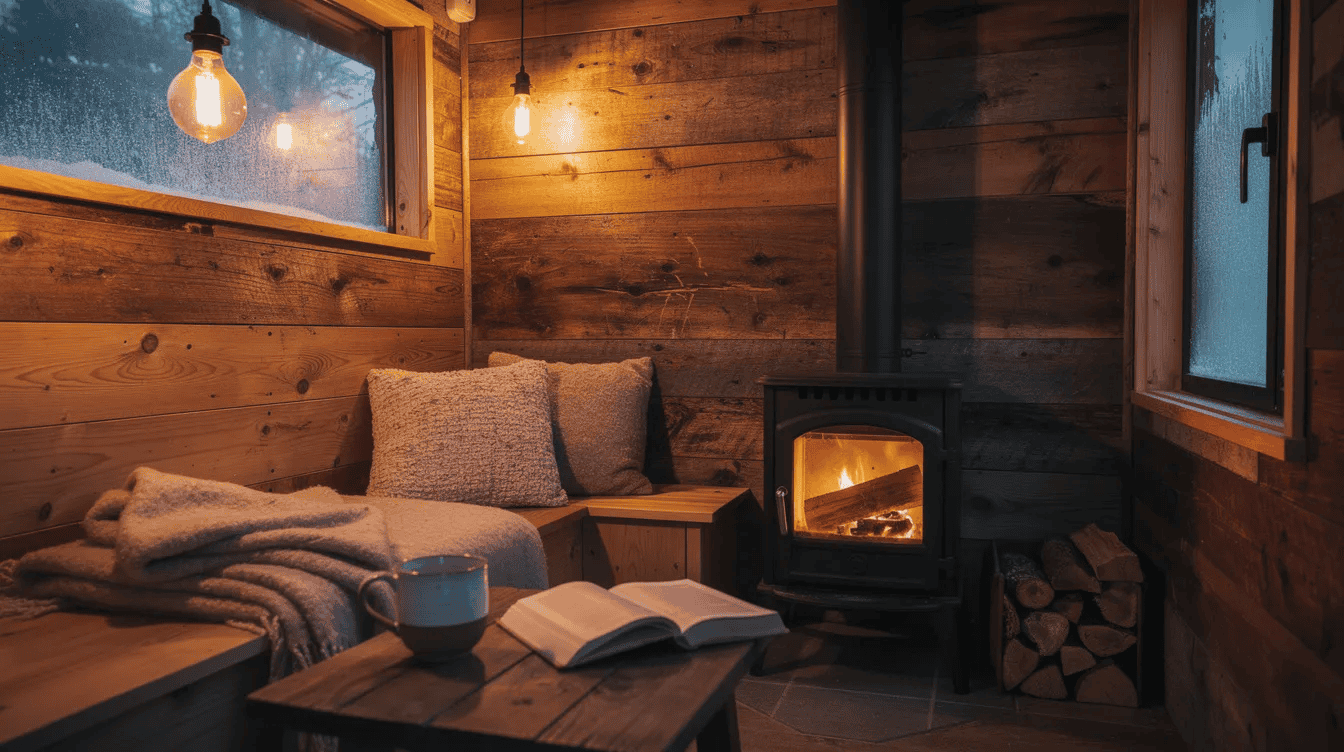 Cozy tiny house interior with wood stove Warm tiny house interior with wood stove cozy seating and rustic wood walls