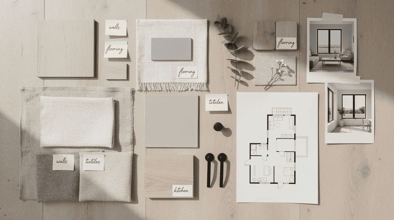 Tiny house interior design planning Interior design layout with fabric samples floor plan and decor elements for tiny house