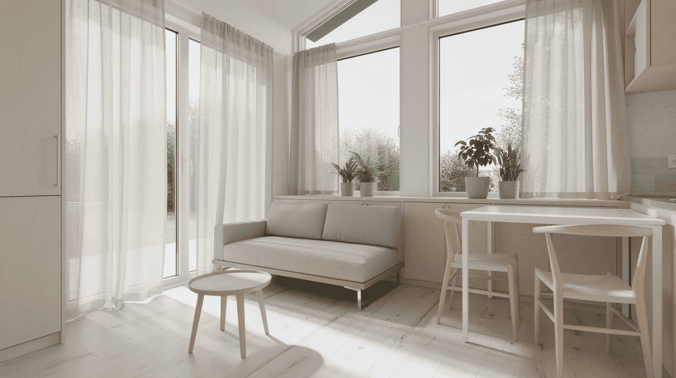 Bright tiny house living room with large windows Bright tiny house living room with large windows and white curtains
