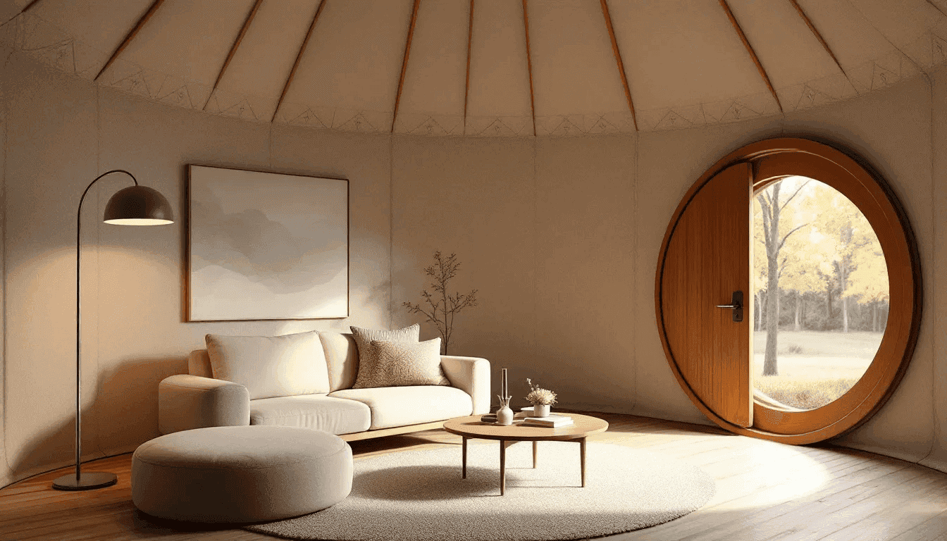 Cozy tiny house interior with round door Interior of a tiny house with a round door sofa and minimalist decor