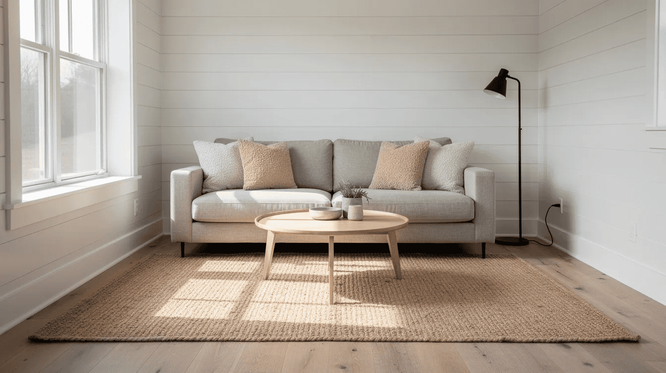 Cozy living room in tiny house This HDR photograph showcases a cozy tiny home living room featuring a greige linen sofa against a white shiplap wall A round light oak coffee table sits on a jute rug complemented by a slim black metal floor lamp and bouclé cushions all illuminated by natural daylight streaming through a large window creating a warm and inviting space