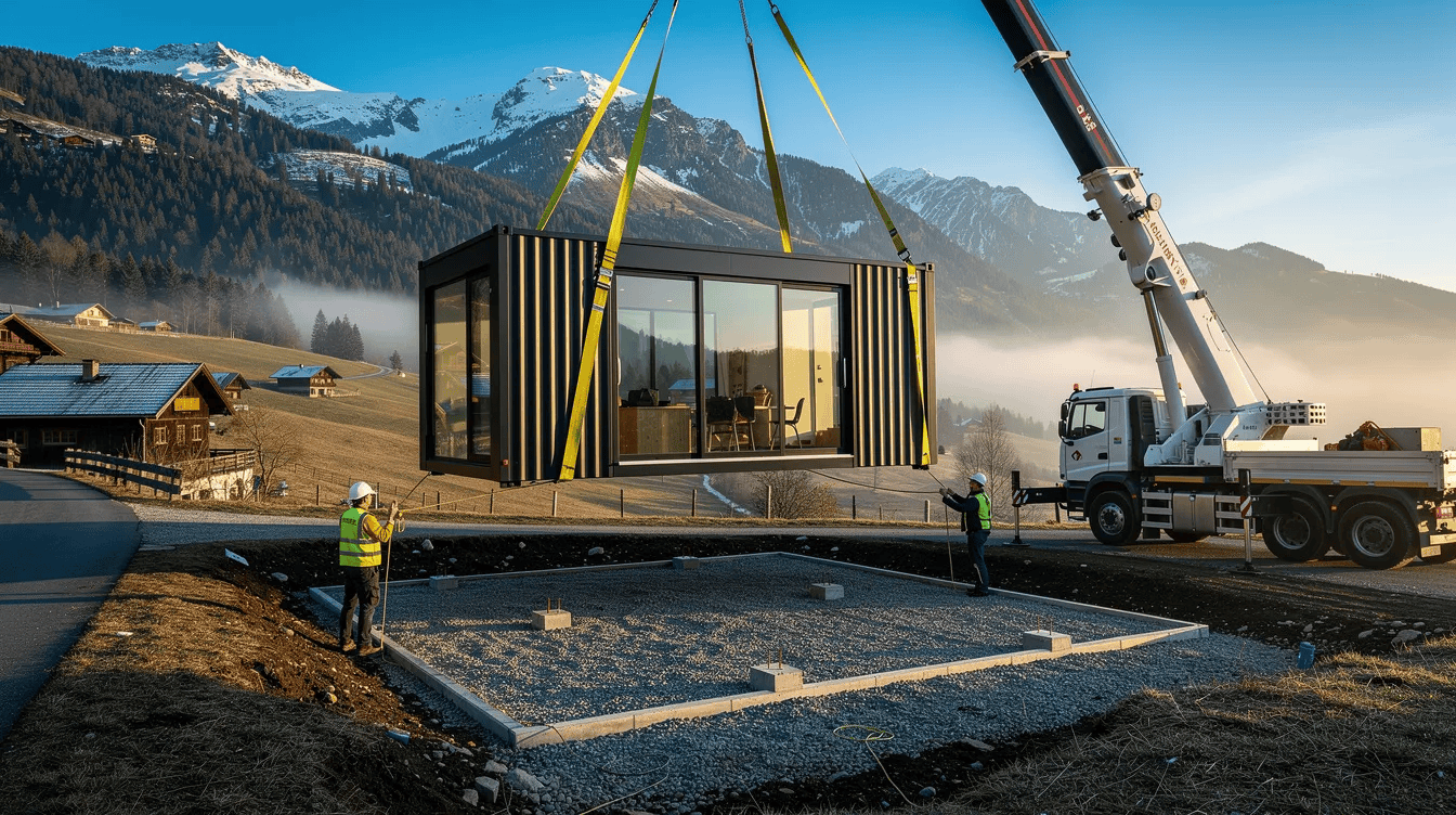 Tiny house construction in mountain area Construction of a modern tiny house with crane in scenic mountain landscape