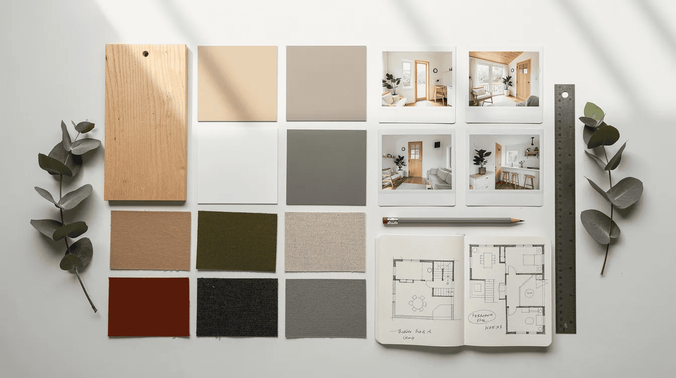 Tiny house interior design materials Interior design materials for tiny house with color swatches and wood samples