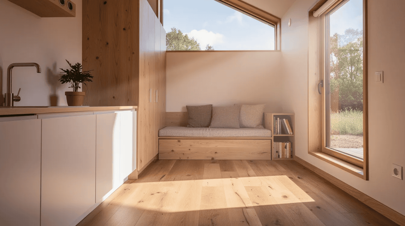 Cozy tiny house interior with large windows The image captures the cozy interior of a tiny house with sunlight streaming through a large clerestory window highlighting the light oak floors and a compact kitchen counter A reading nook with visible wood grain texture adds to the inviting atmosphere making it a perfect visual inspiration for mood board creation and interior design concepts
