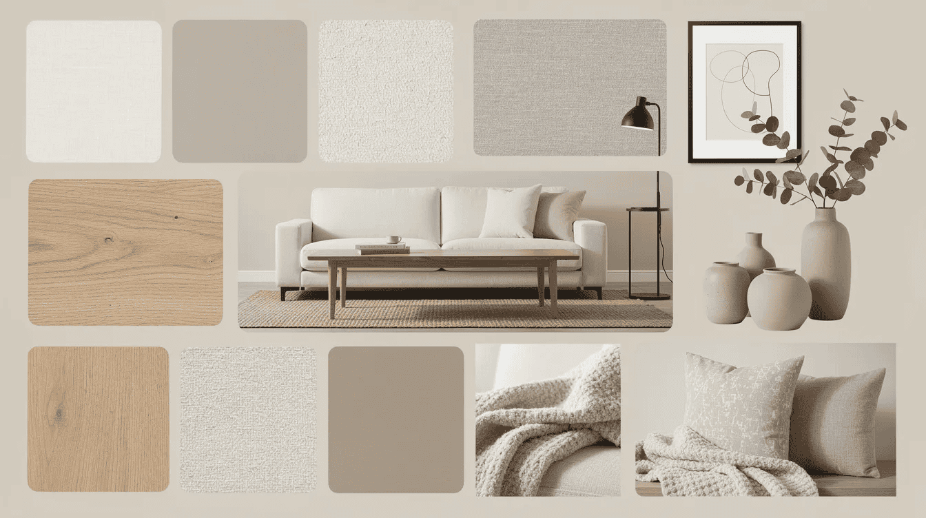Modern tiny house interior design This image features a neutral living room mood board showcasing a cozy space with a stylish sofa a chic coffee table and a soft rug The arrangement includes various decor ideas and color swatches that suggest a harmonious blend of white and black tones perfect for anyone looking to enhance their interior design