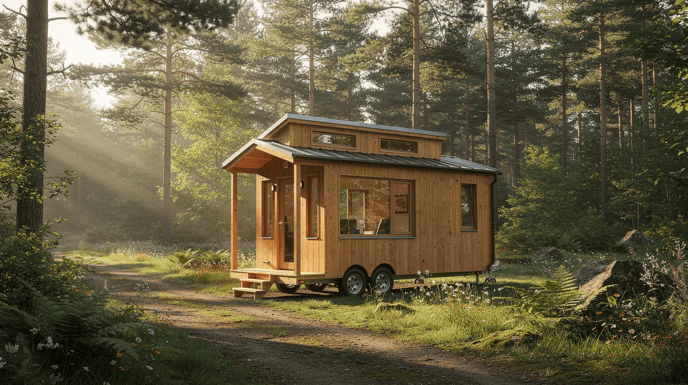 Explore tiny house in forest setting Tiny house on wheels in lush forest with sunlight filtering through trees