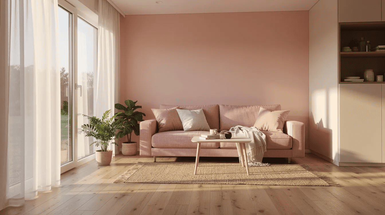 Cozy tiny house living room Bright living room with pink sofa potted plants and natural sunlight