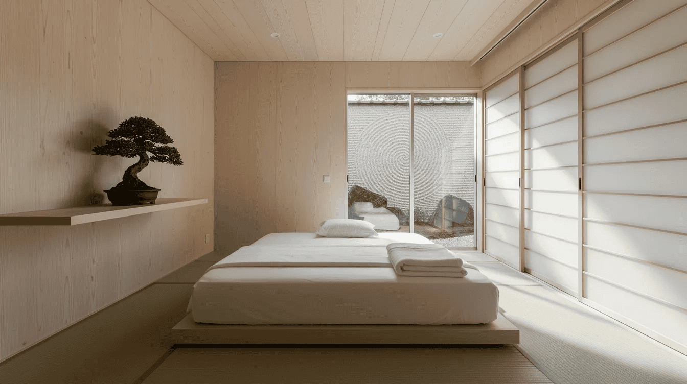 Minimalist tiny house bedroom interior Modern tiny house bedroom with tatami mats and shoji screens