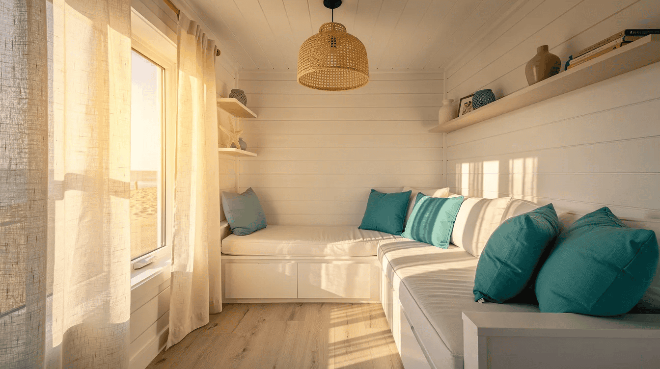 Cozy tiny house living room Bright tiny house interior with white walls and teal cushions