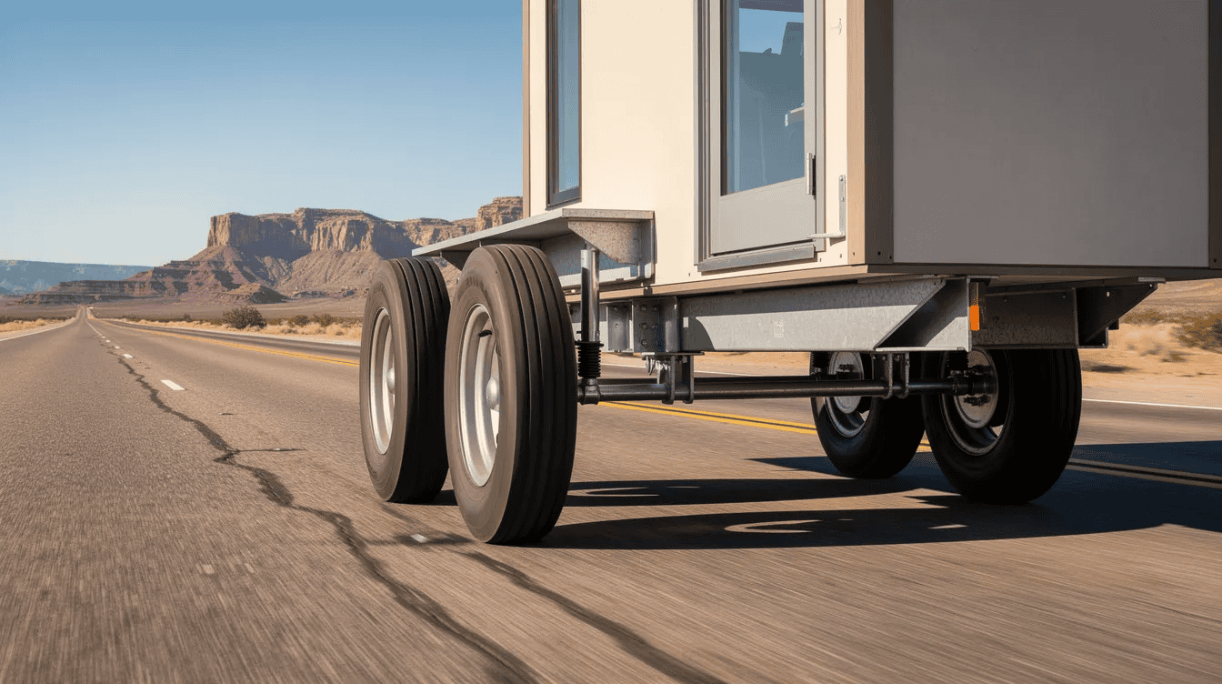 Mobile tiny house on wheels in desert landscape Mobile tiny house on wheels driving through desert with mountains in background