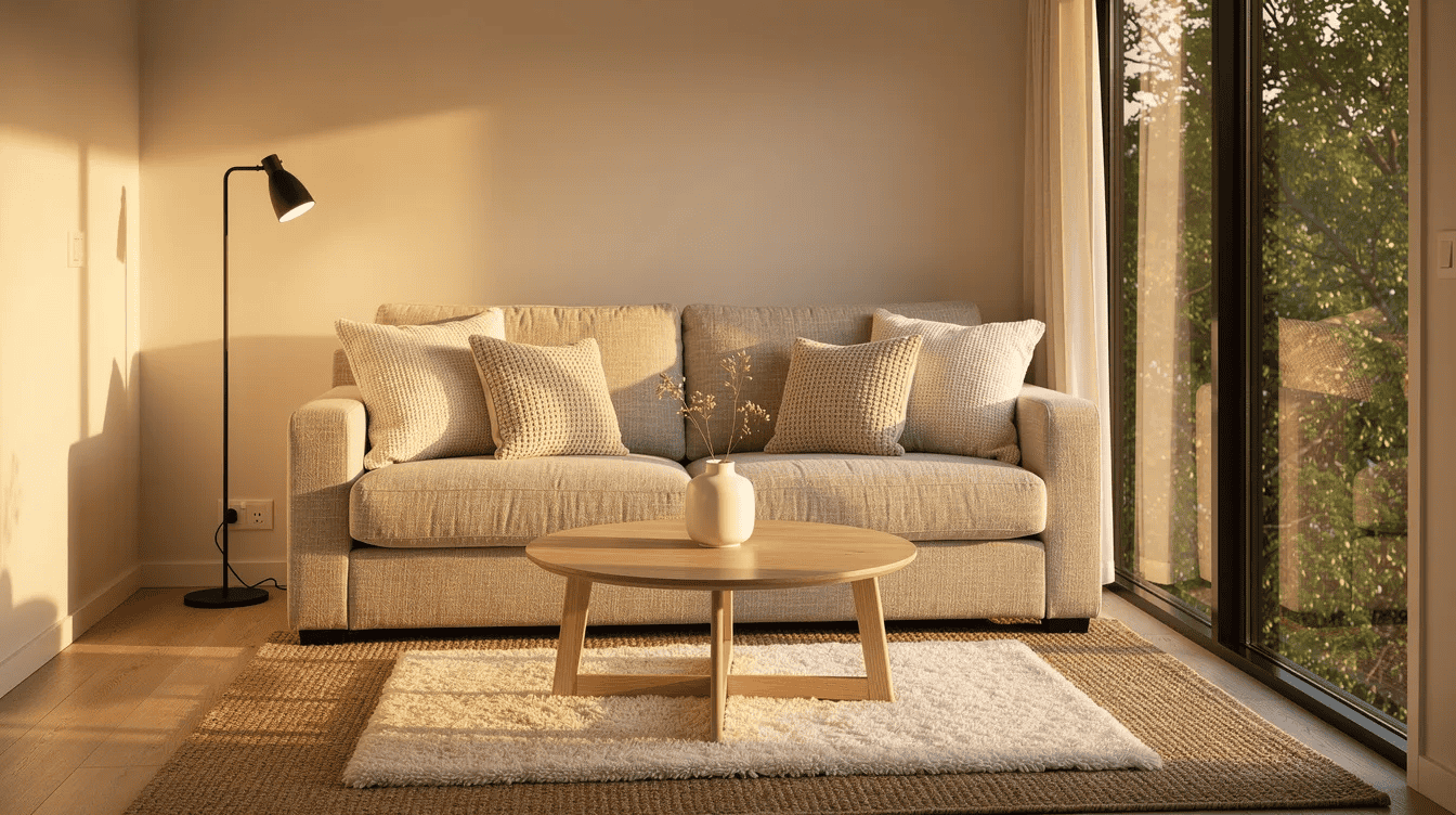 Cozy tiny house living room interior Bright living room with beige sofa wooden coffee table and large window with greenery view
