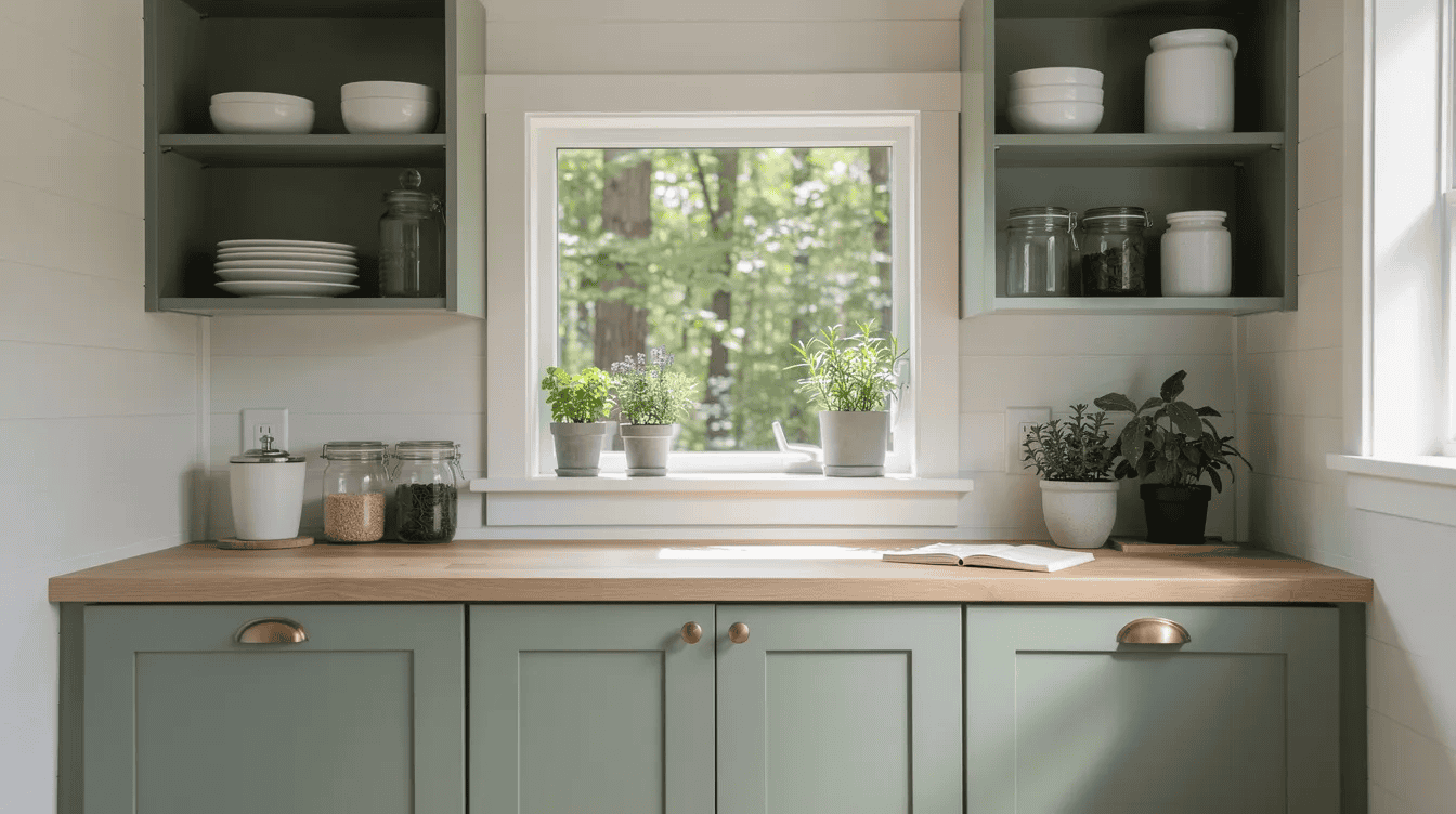 Cozy tiny house kitchen with green cabinets Bright tiny house kitchen with green cabinets and open shelving
