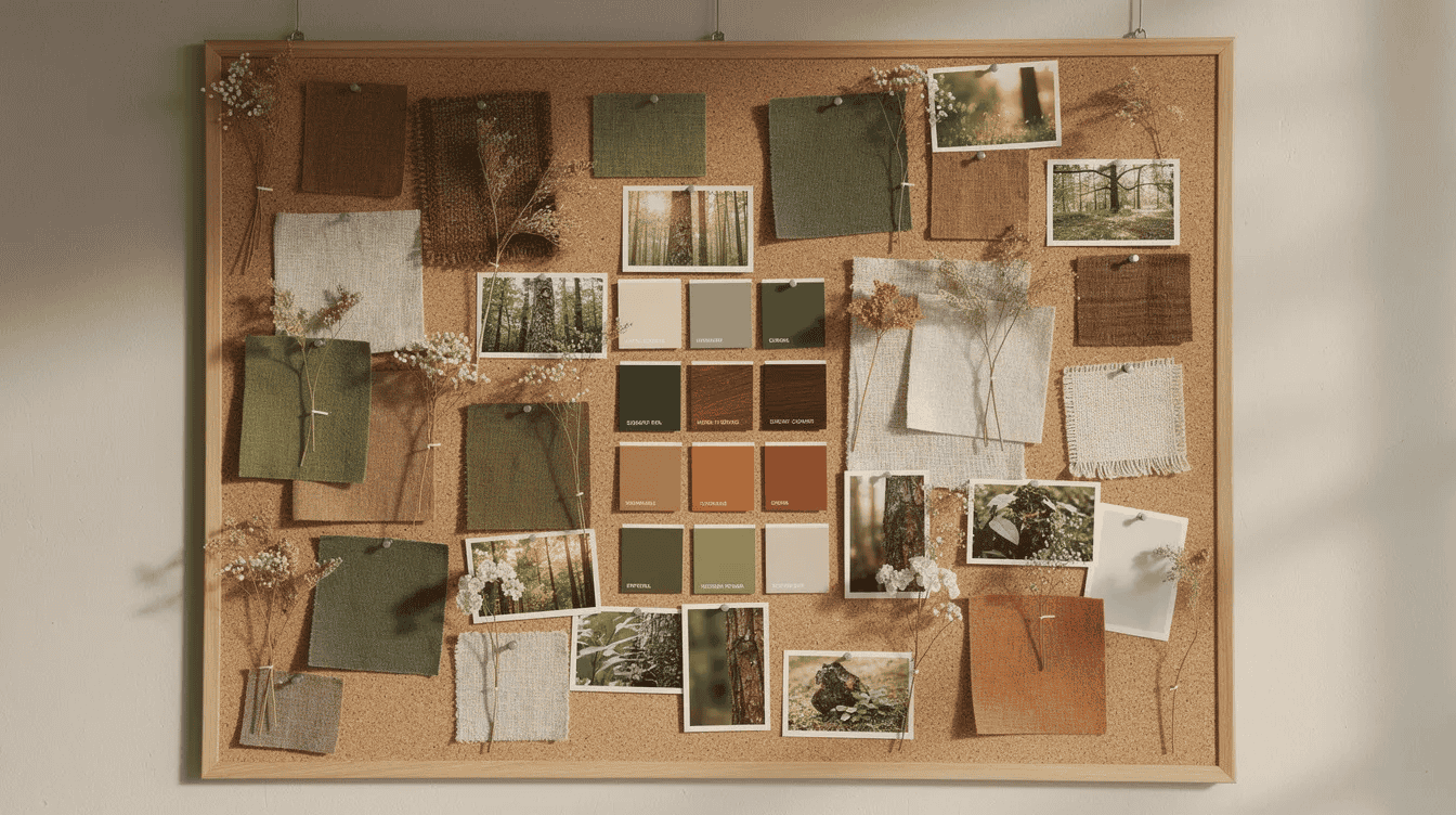 Tiny house interior design inspiration The image features a corkboard filled with pinned fabric swatches dried flowers and paint chips in earthy greens and warm wood tones alongside small nature photographs This mood board serves as a visual representation of design inspiration showcasing various elements that can guide a creative process or project