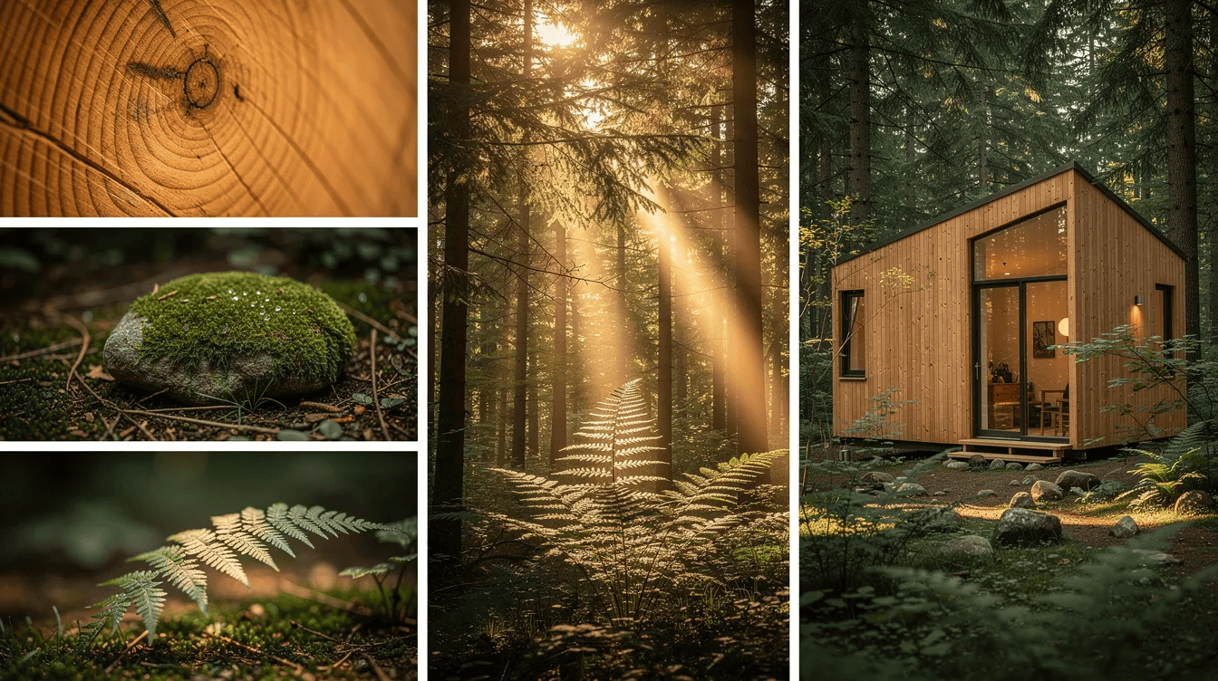 Explore tiny house in forest setting A vibrant HDR mood board collage showcases golden light filtering through tall evergreen trees highlighting the textures of close up cedar wood grain and a small moss covered stone The scene features fern leaves and a compact wooden cabin with a large picture window all set in an inspiring woodland environment