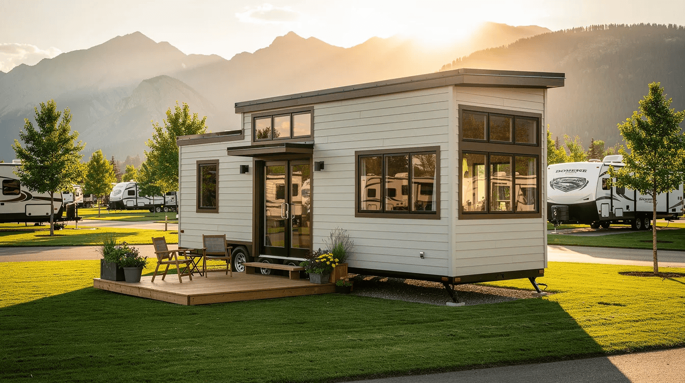 Modern tiny house with mountain view Contemporary tiny house with large windows and deck in scenic mountain setting