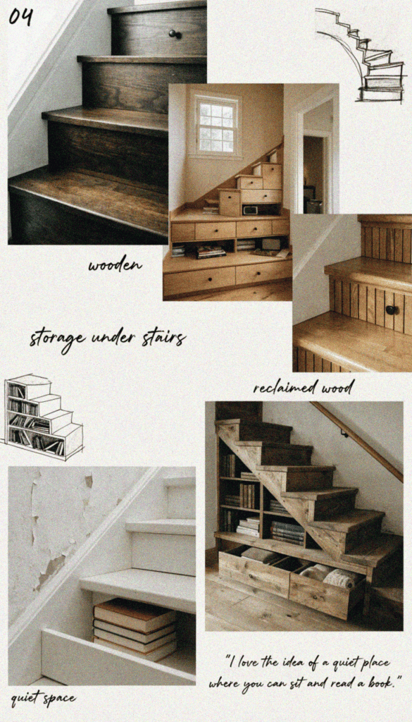 Builtin staircase drawers and shelves Creative tiny house storage ideas with stairs and reclaimed wood features