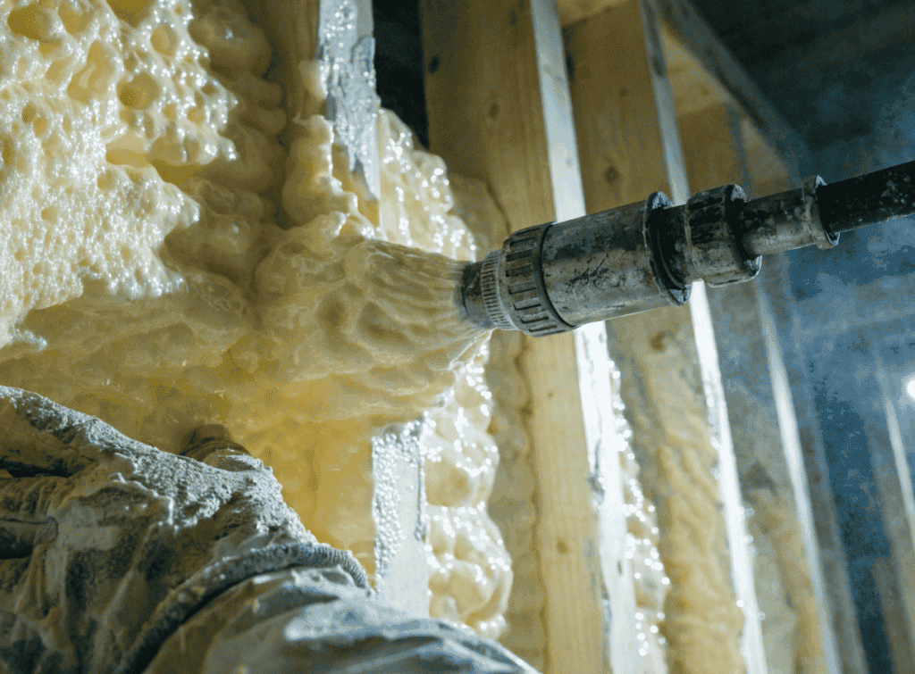 Tiny house insulation installation process Spray foam insulation being applied to tiny house walls for energy efficiency