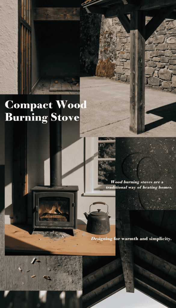 Compact wood burning stove setup Compact wood burning stove for tiny homes with cozy fire and rustic design