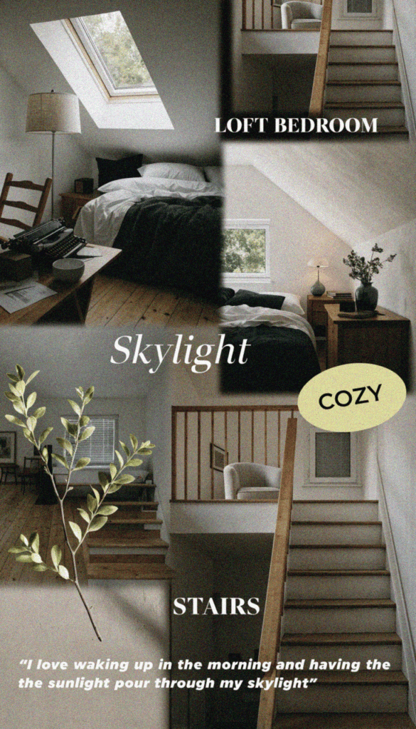 Cozy loft bedroom Cozy tiny home bedroom with skylight and stairs for a charming loft design